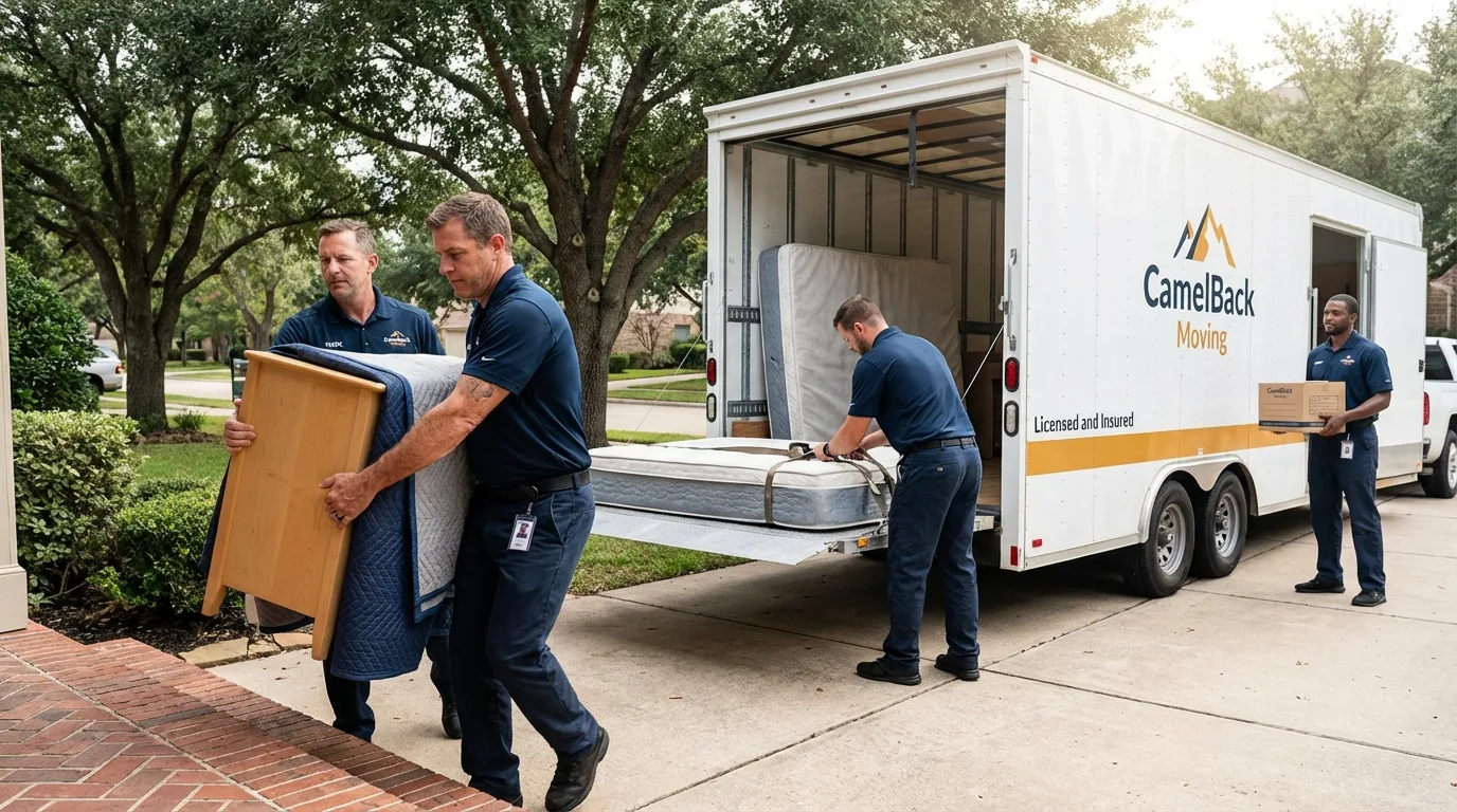 Crew loading residential truck for cross-state move from Bradford, ME