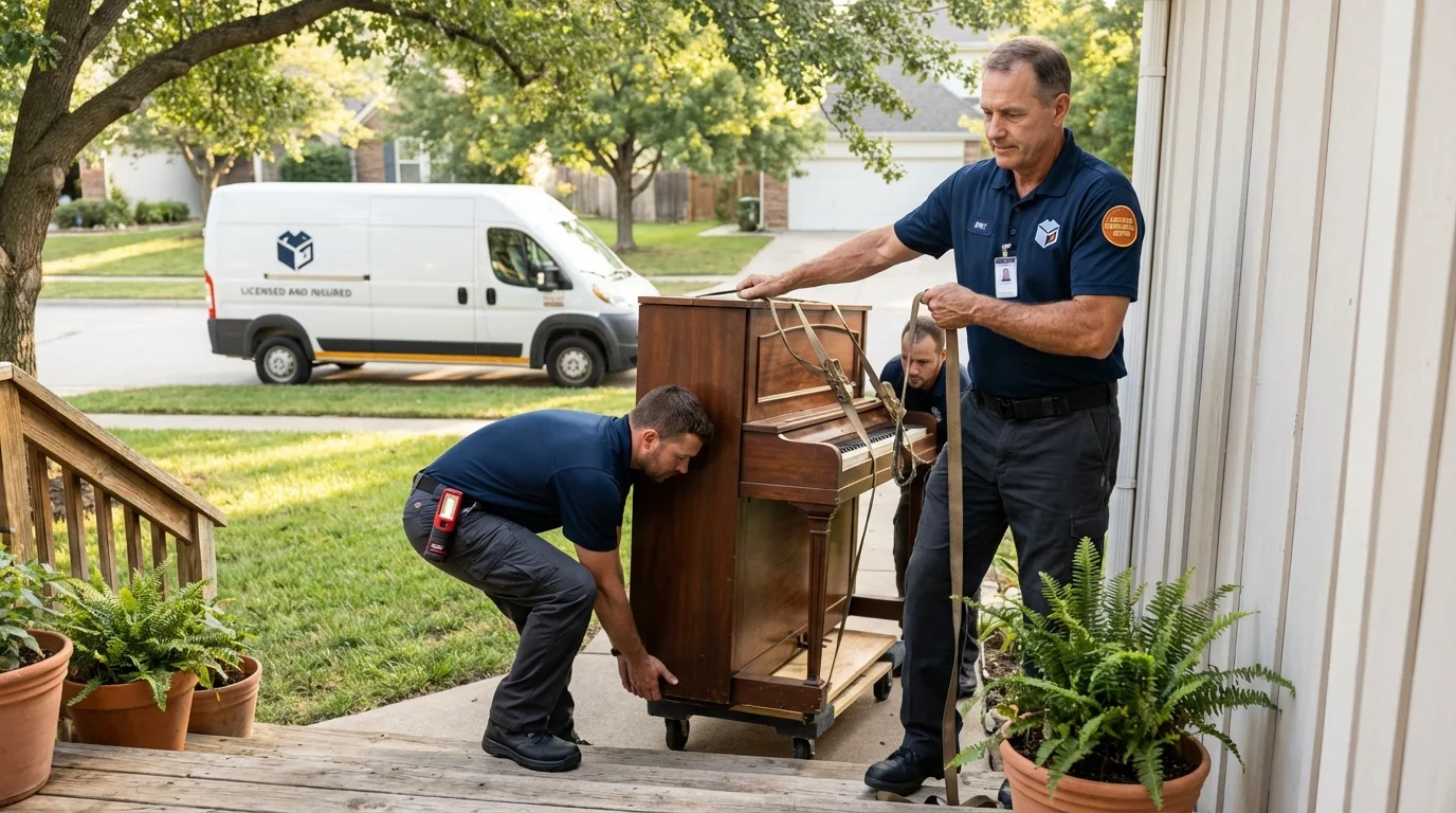 Licensed piano movers securing grand piano in Bradford, ME