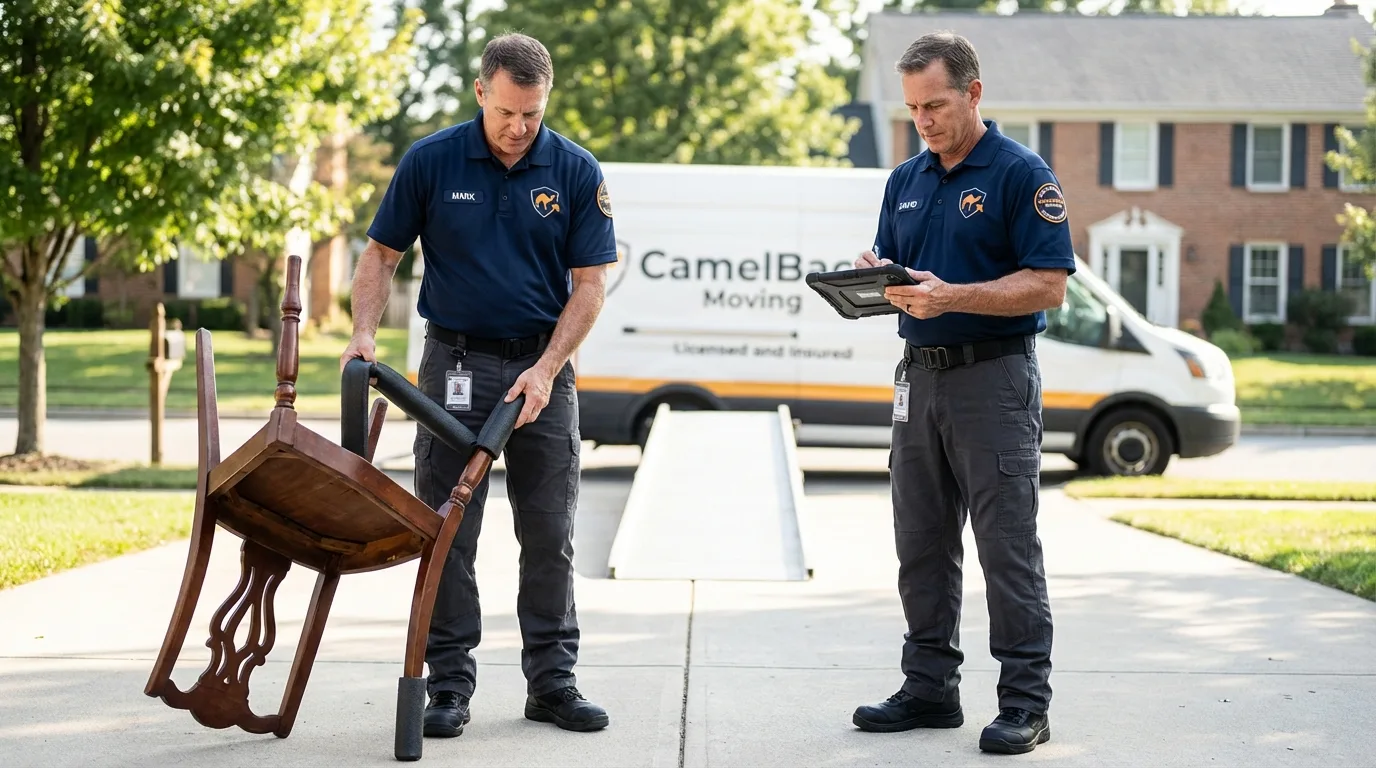 Movers inspecting furniture for damage prevention before loading in Bradford, ME