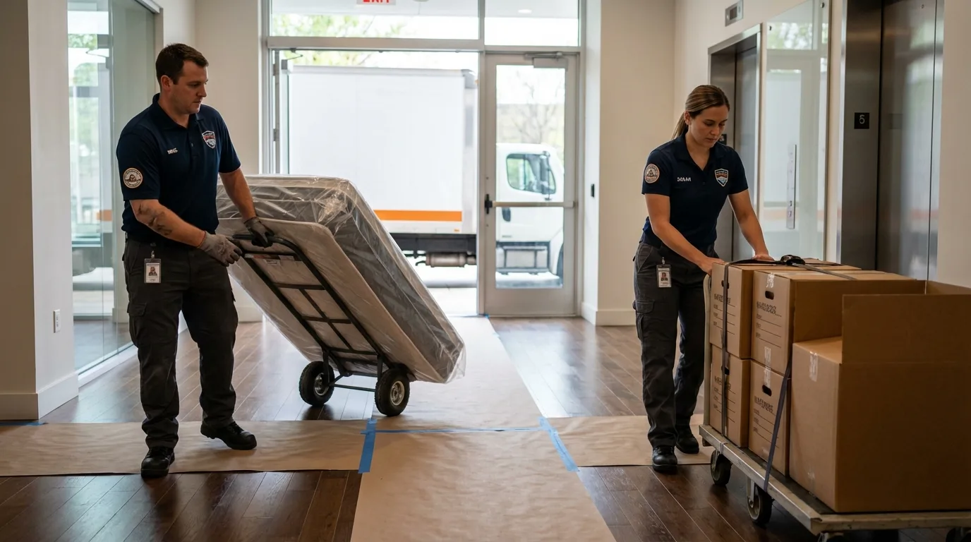 Professional apartment movers loading elevator in Bradford, ME
