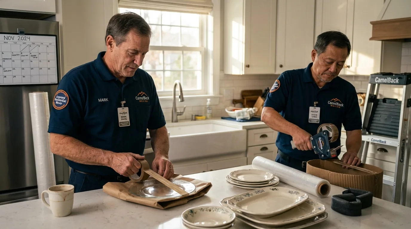 Professional crew packing kitchen dishware in Bradford, ME